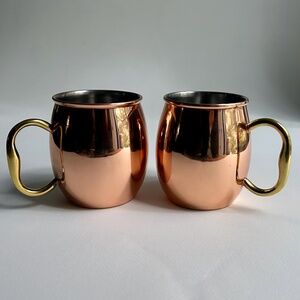 Vintage Pair Copper Barrel Mugs With Brass Handles